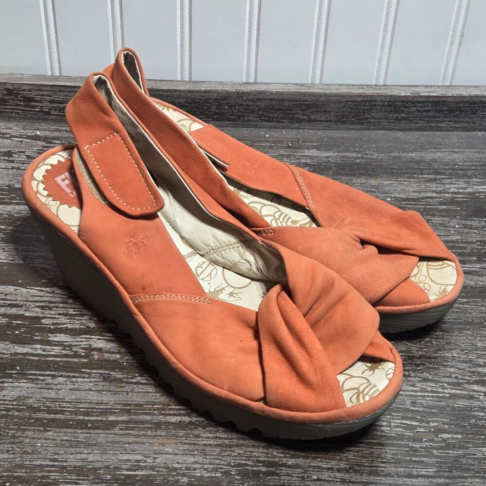 Fly London Women's Yakin Tangerine Peep Toe Wedge Heel Sandal Size 40